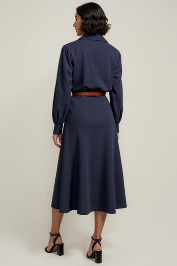 Navy A Line V-Neck Midi Work Dress